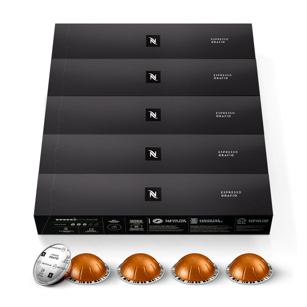 Nespresso Orafio capsule close-up highlighting textured aluminum and durability