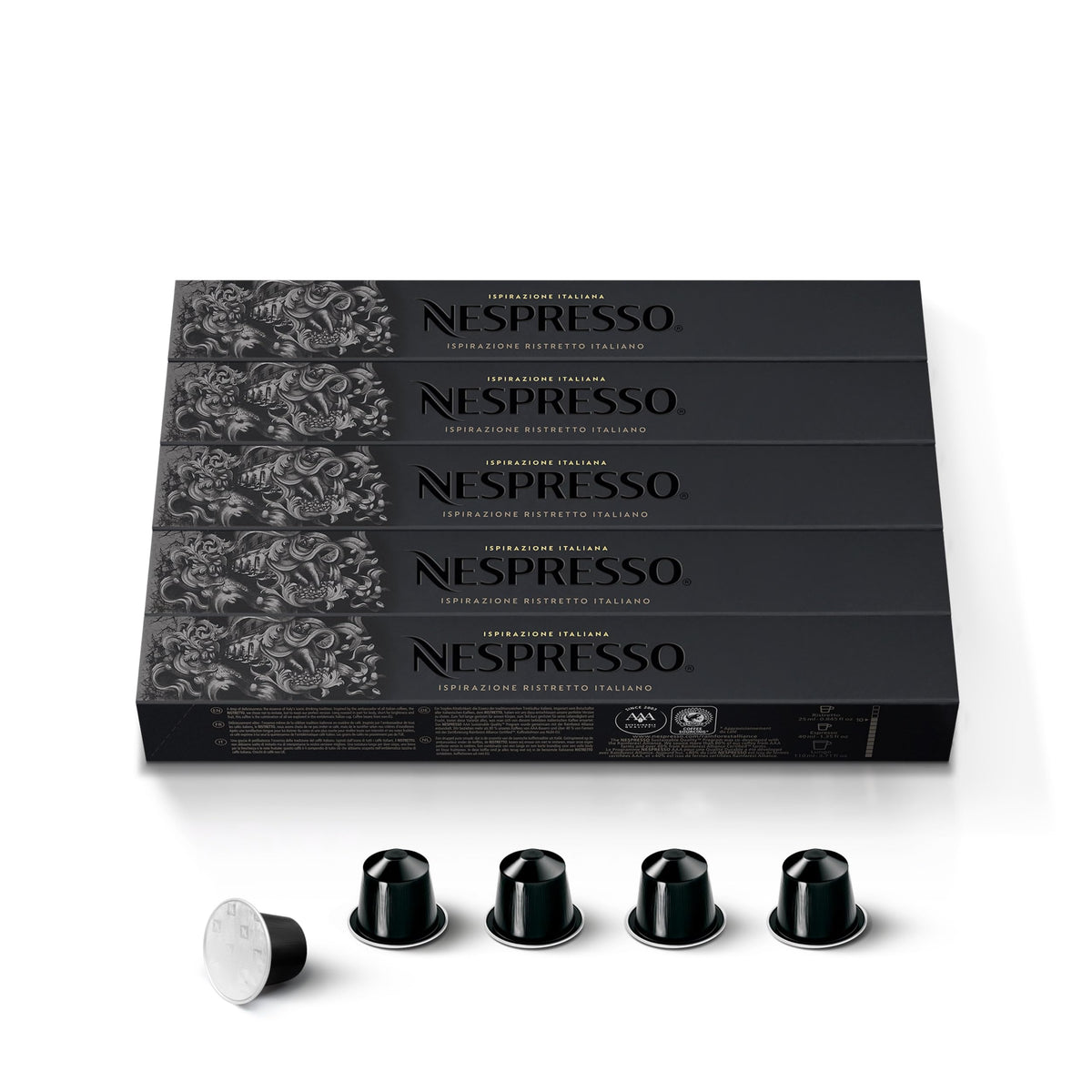 Nespresso Ristretto Italiano box front showing pack and bold roast benefit