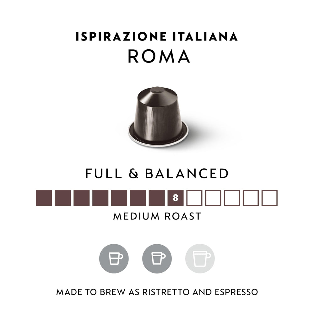 Nespresso Roma single capsule close-up, showing aluminum detail and quality