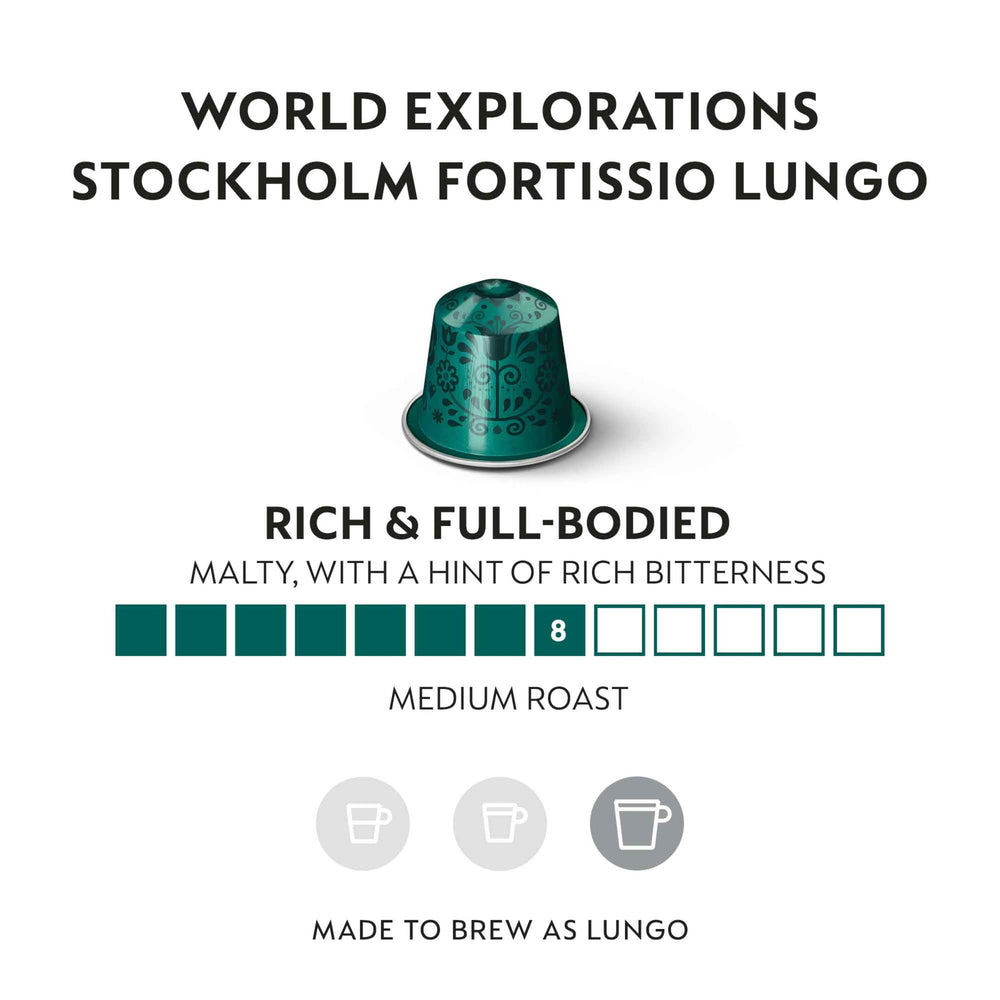 Nespresso capsule close-up highlighting Stockholm Fortissio Lungo aluminum freshness seal