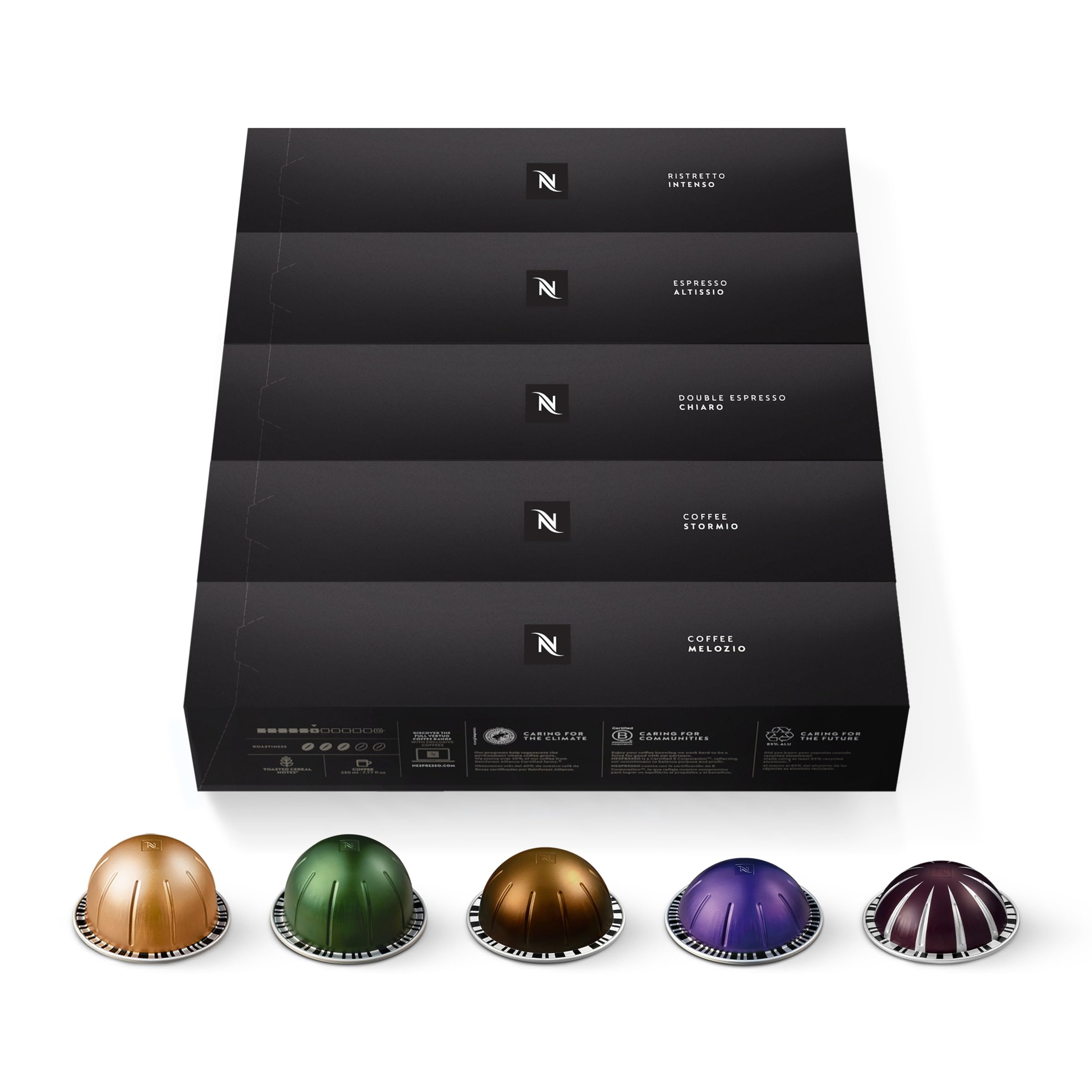 Nespresso Vertuo capsules arranged by color to compare blends and strengths