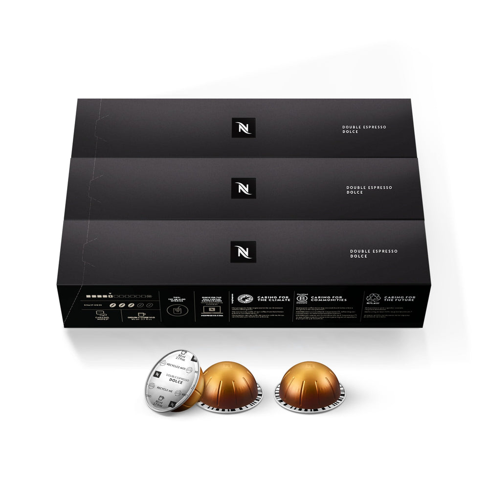Nespresso Vertuo capsule close-up highlighting Dolce capsule design and recyclable aluminum benefit