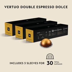 Hand holding Nespresso Vertuo capsules illustrating convenient single-serve supply and freshness benefit