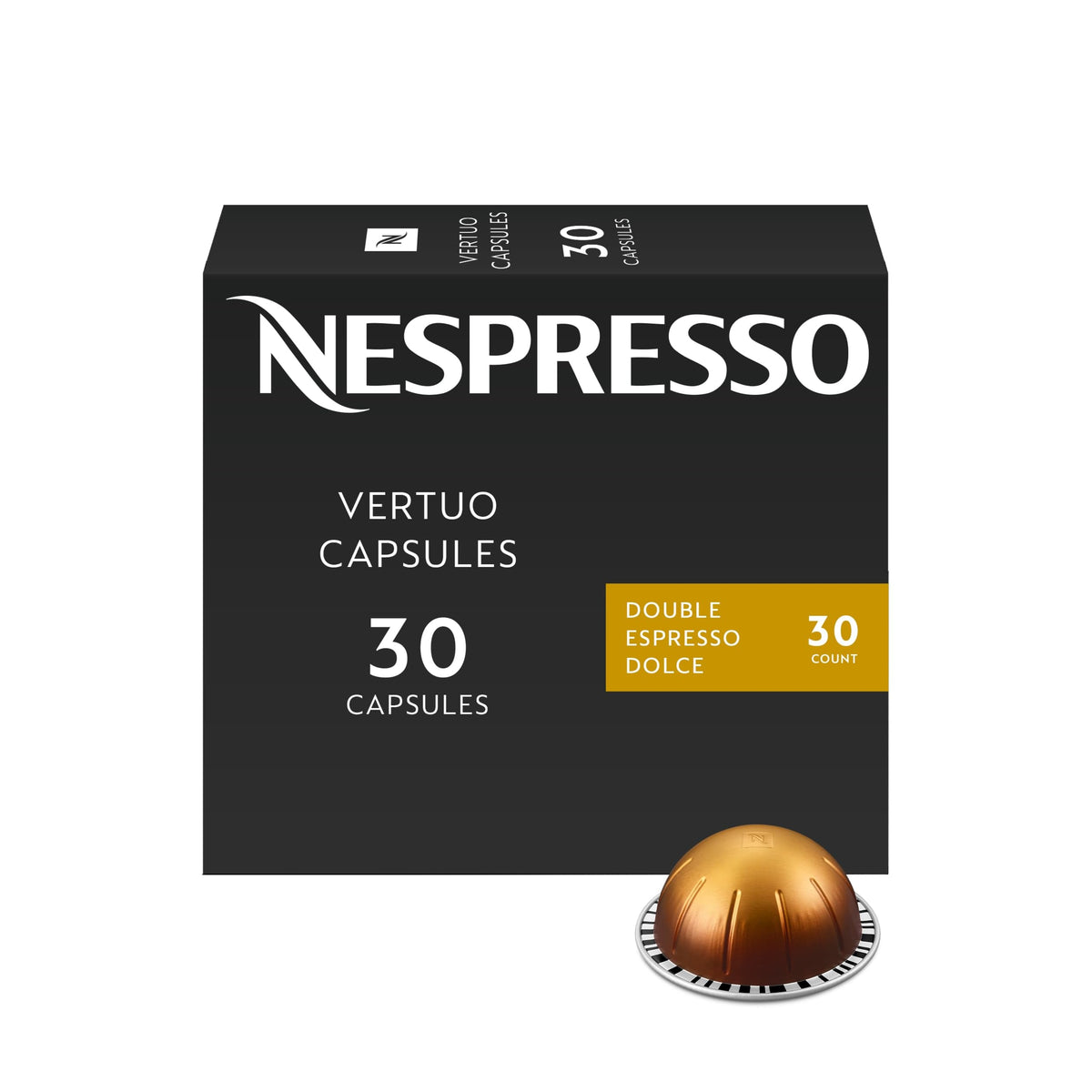Nespresso Vertuo front packaging showing 30-count pod box and product branding benefit clarity