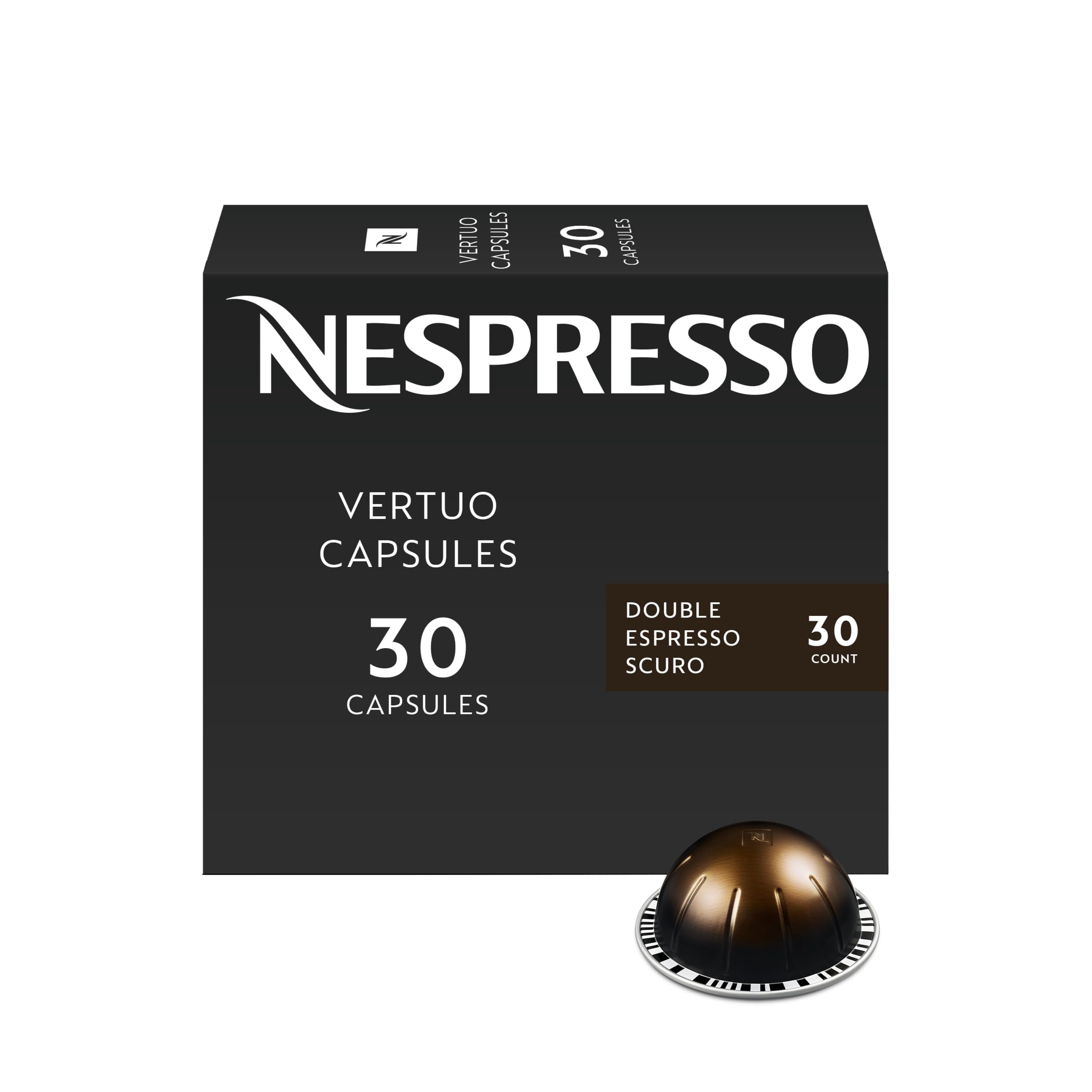 Nespresso Vertuo front packaging showing 30 pods and bold roast benefit