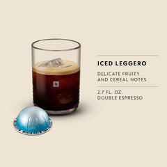 Brewed Nespresso Vertuo Ice Leggero espresso pouring over ice showcasing refreshment