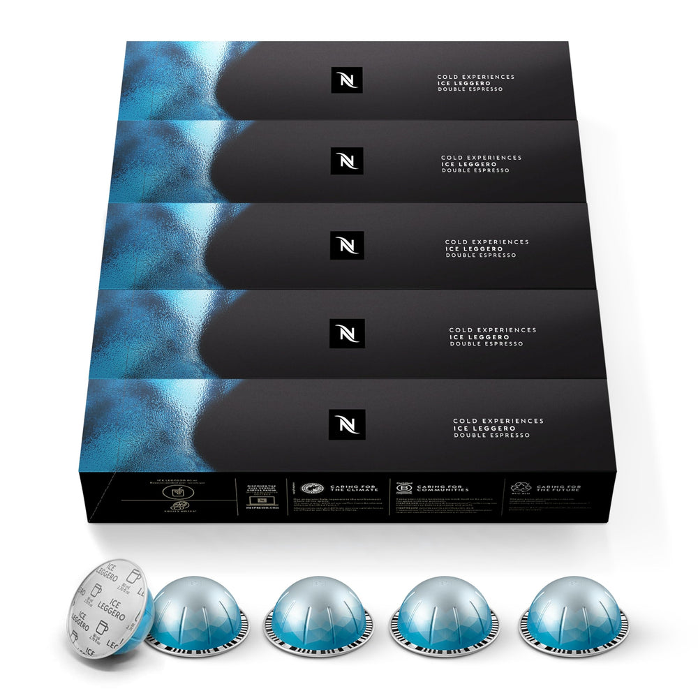 Close-up of Nespresso Vertuo Ice Leggero capsules highlighting fresh packaging and convenience