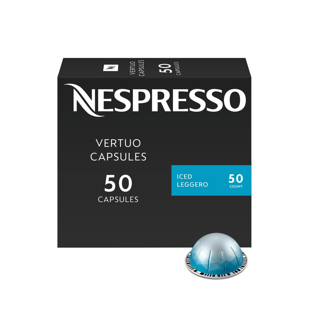 Nespresso Vertuo front packaging showing 50-count pods benefits for iced coffee
