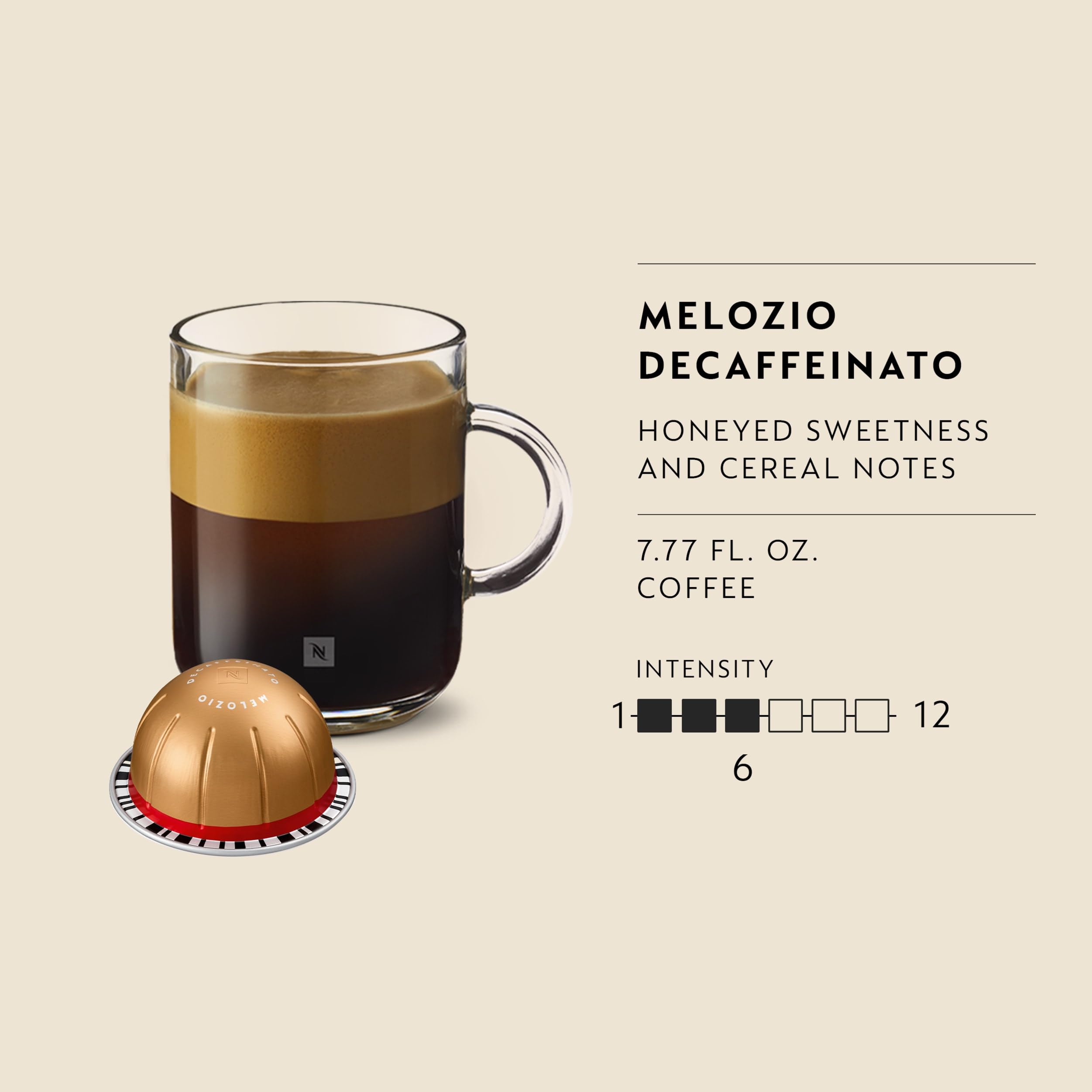 top view of brewed 7.77 fl. oz. Melozio Decaffeinato cup showing smooth crema and balanced flavor