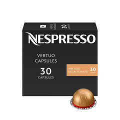 Nespresso Melozio Decaffeinato front box showing 30-count and Vertuo branding benefit freshness