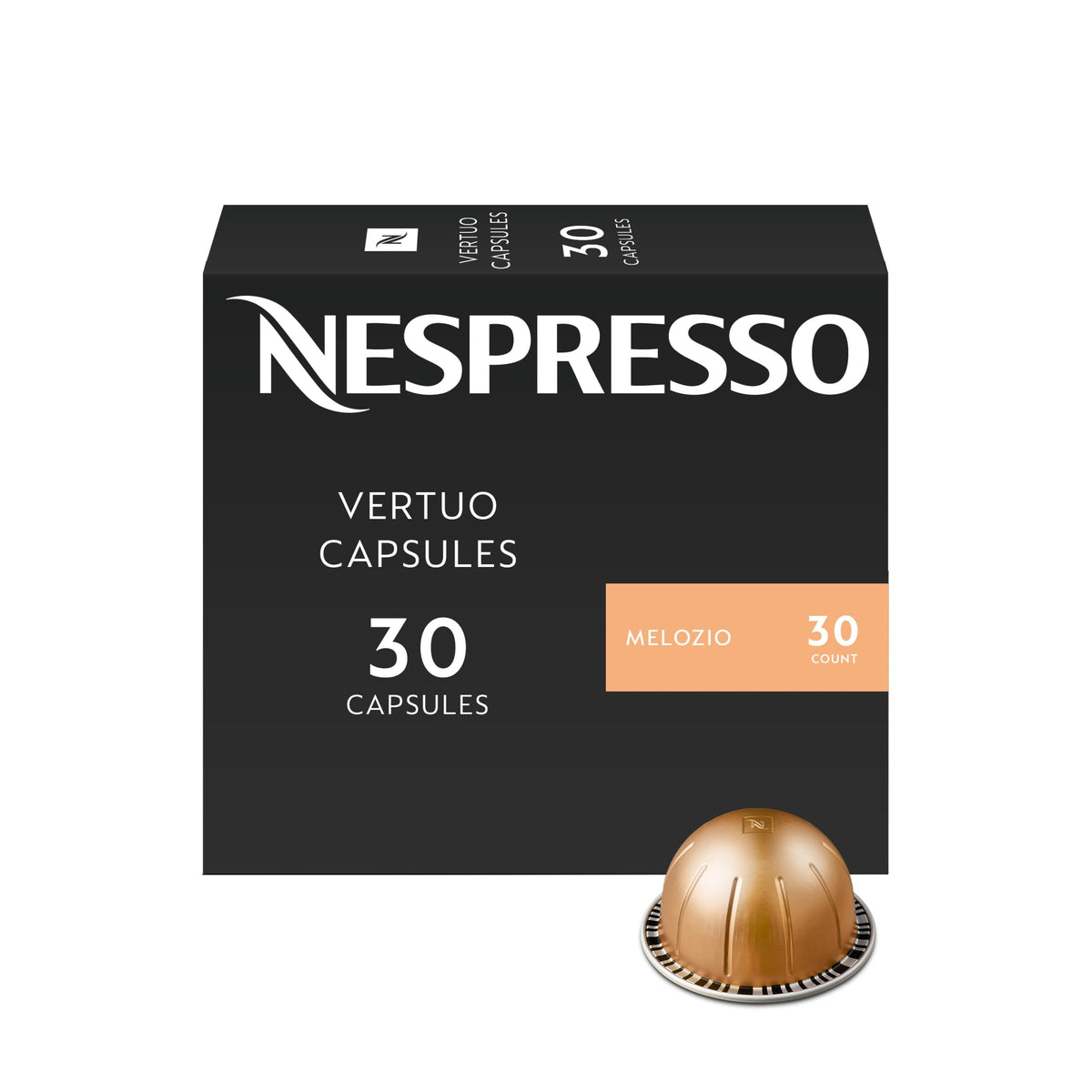 Nespresso Melozio front packaging showing 30-count pack and freshness benefit
