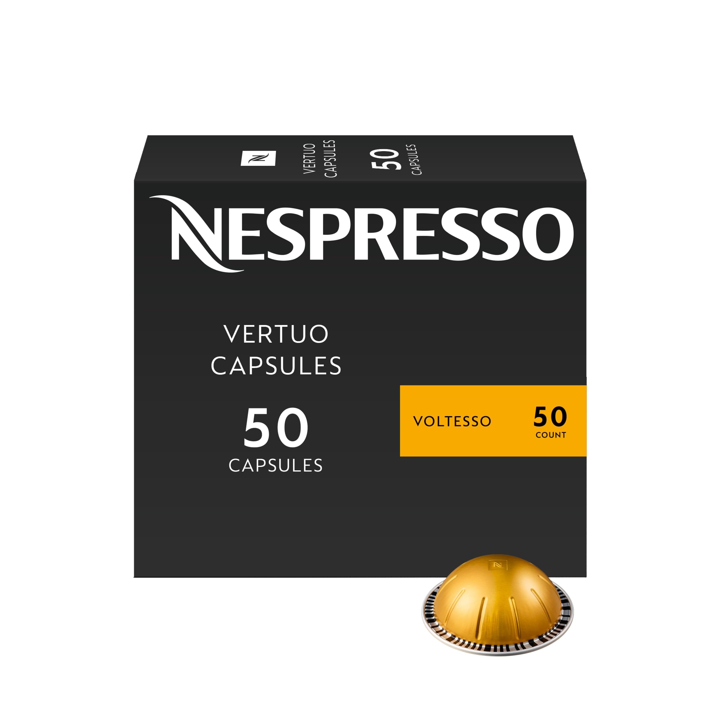 Nespresso Voltesso front box showing 50-count for convenient stock