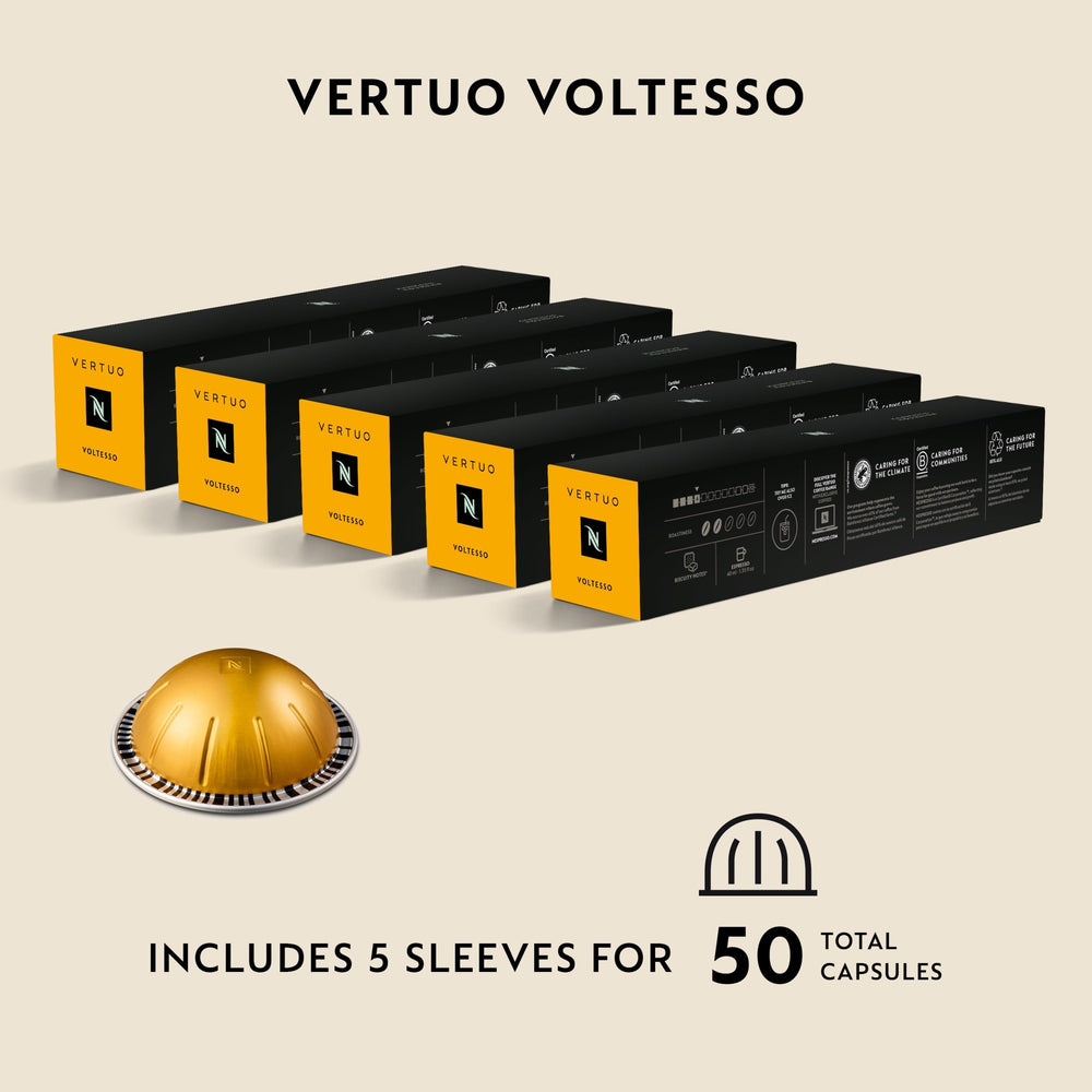Nespresso Voltesso pod beside 1.35 oz espresso cup for serving clarity