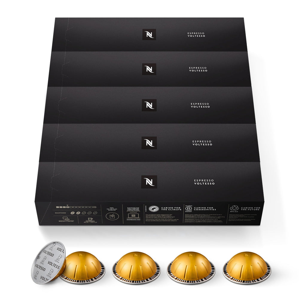 Nespresso Voltesso single pod close-up showing aluminum finish and freshness