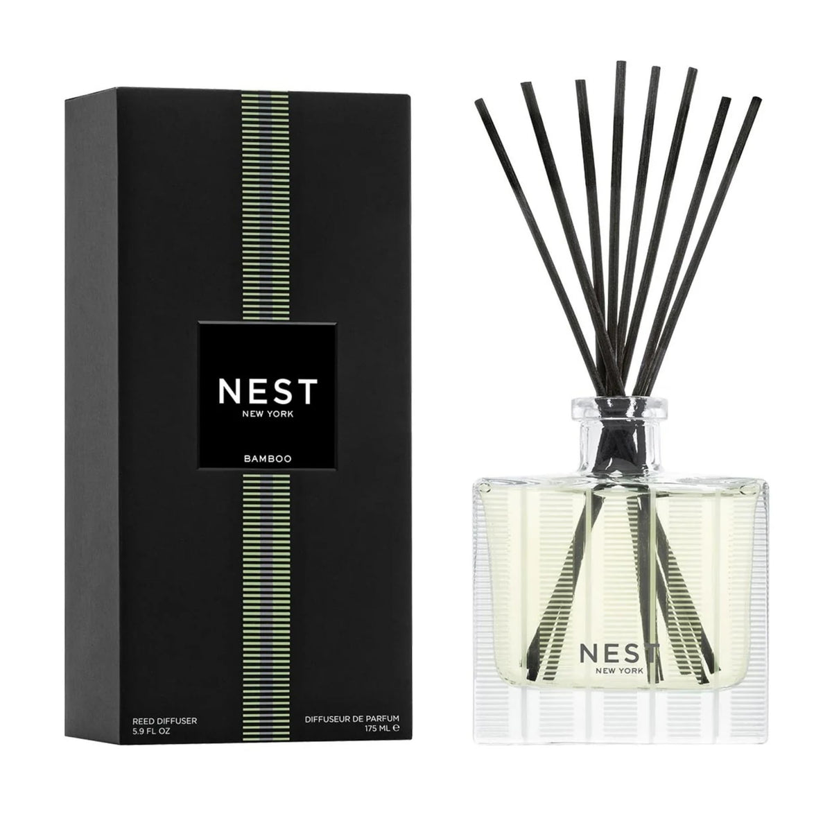 NEST New York front view of bamboo reed diffuser showing elegant glass vessel and reeds for long-lasting scent