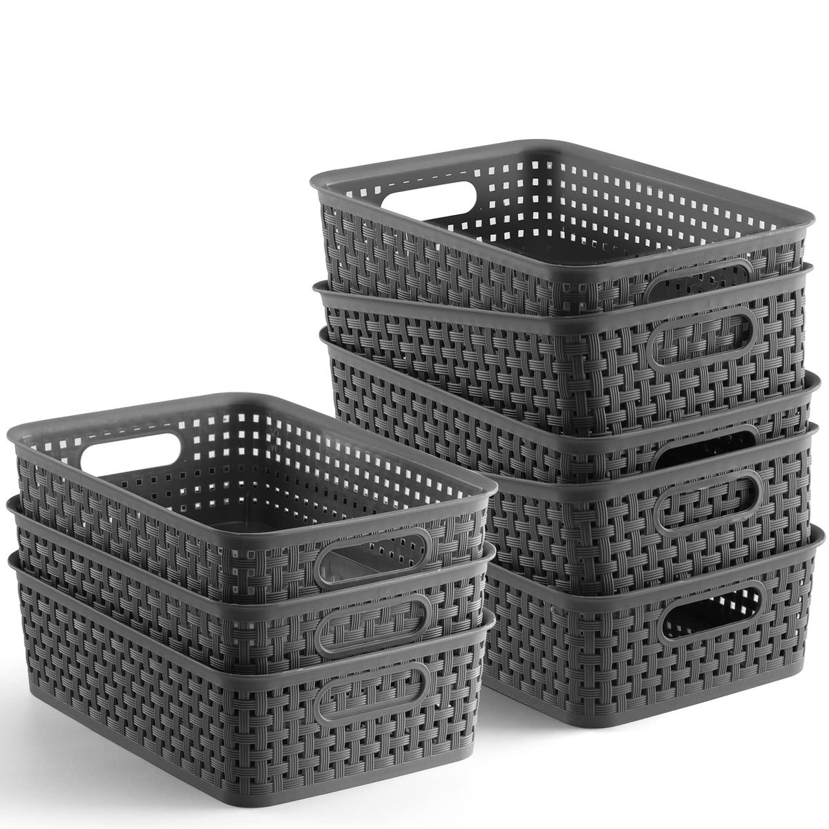 NETANY front view of eight gray baskets showing tidy storage and matching set