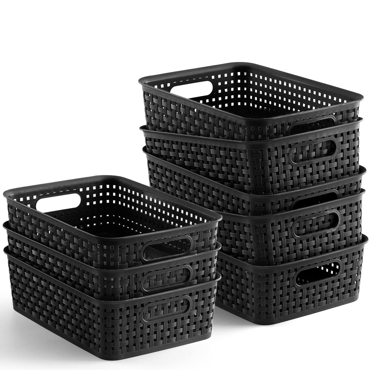NETANY front view of eight black baskets showing neat uniform storage benefit