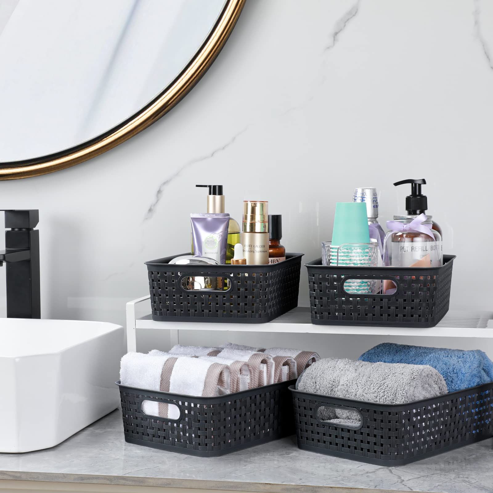 NETANY baskets placed under sink holding cleaning supplies to maximize space