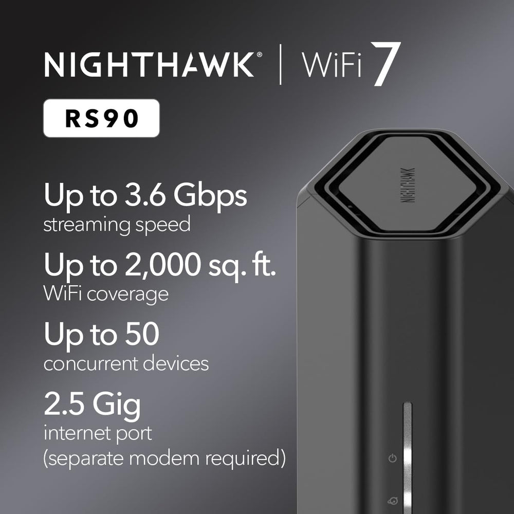 NETGEAR Nighthawk RS90 rear ports panel with Ethernet and power ports, enables multi-gig wired connections