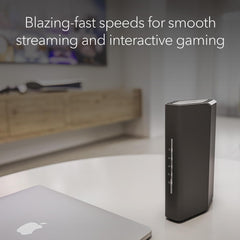 NETGEAR Nighthawk RS90 side antenna detail showing antenna placement, boosts signal reach and stability