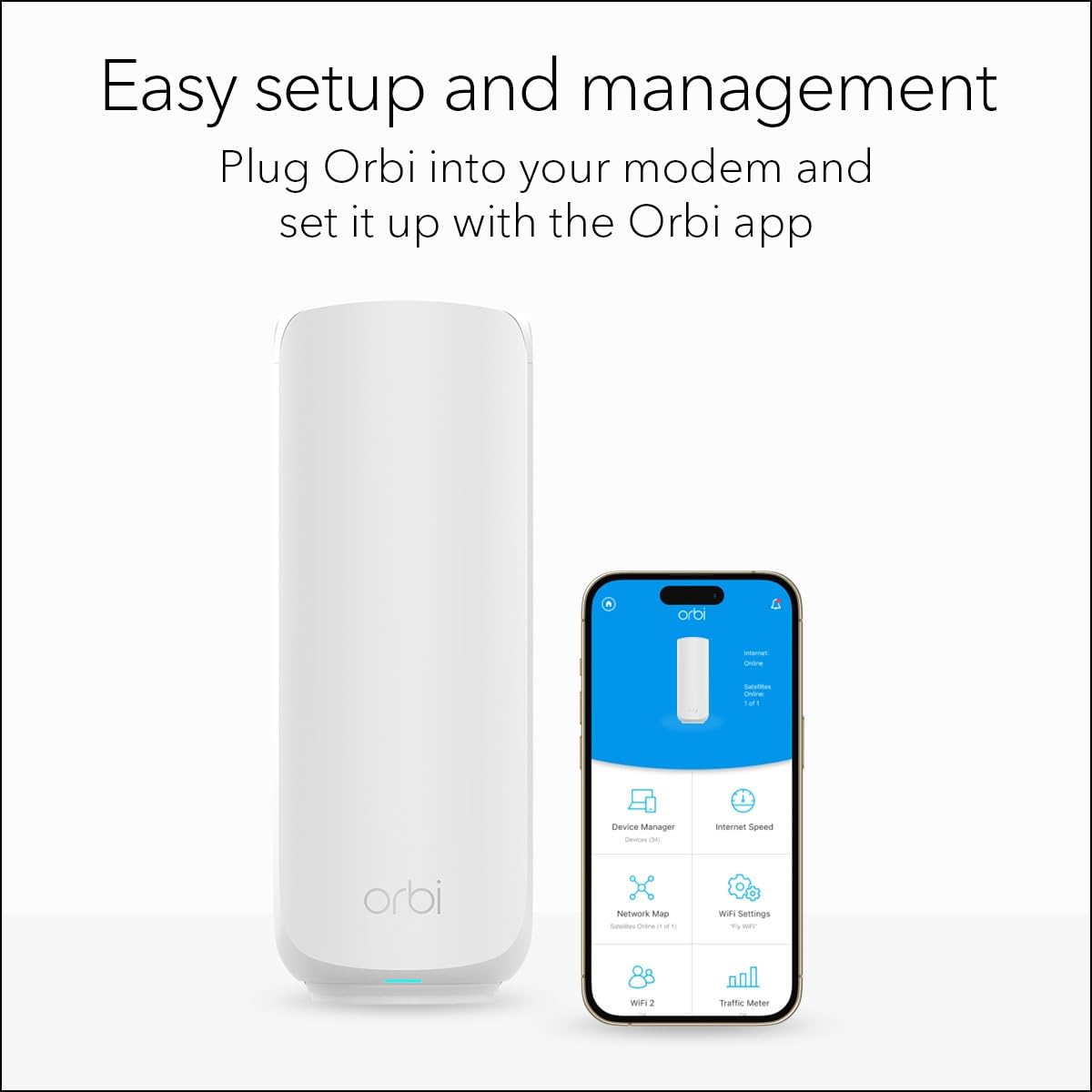 NETGEAR Orbi 770 back panel ports and labels showing easy connections to modem and devices