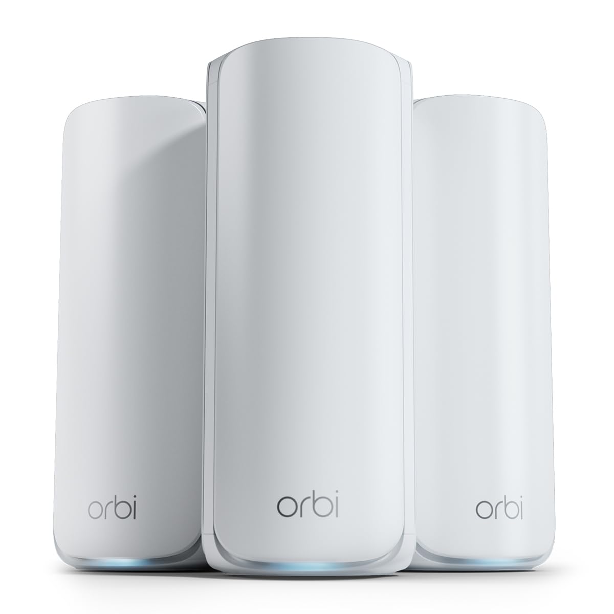 NETGEAR Orbi 770 front view of router and two satellites showing whole-home coverage benefit