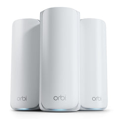 NETGEAR Orbi 770 front view of router and two satellites showing whole-home coverage benefit