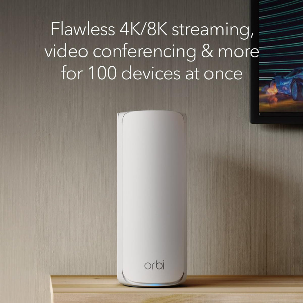 NETGEAR Orbi 770 placed in living room streaming 4K TV for uninterrupted media playback