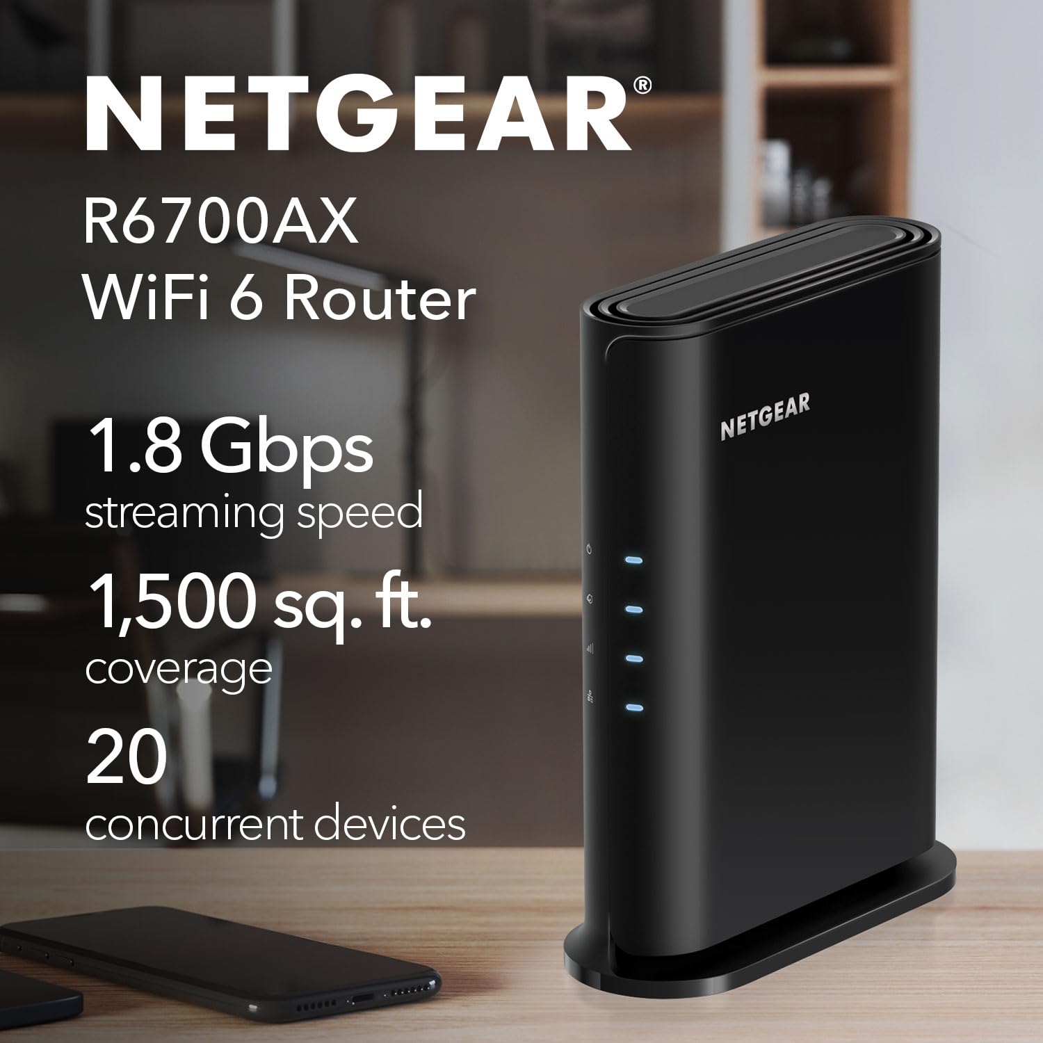 NETGEAR R6700AX rear ports including four gigabit Ethernet ports for wired speed and stability