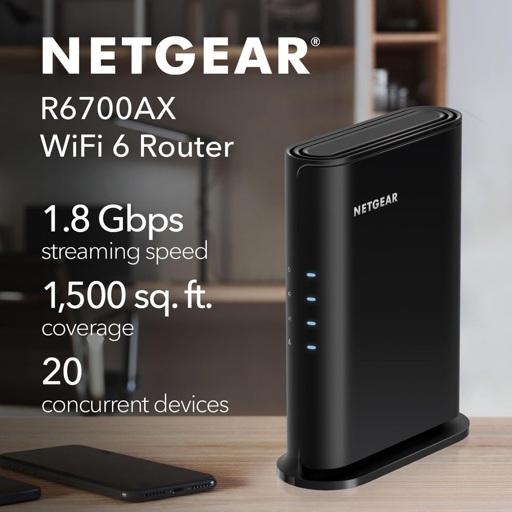 NETGEAR R6700AX rear ports including four gigabit Ethernet ports for wired speed and stability