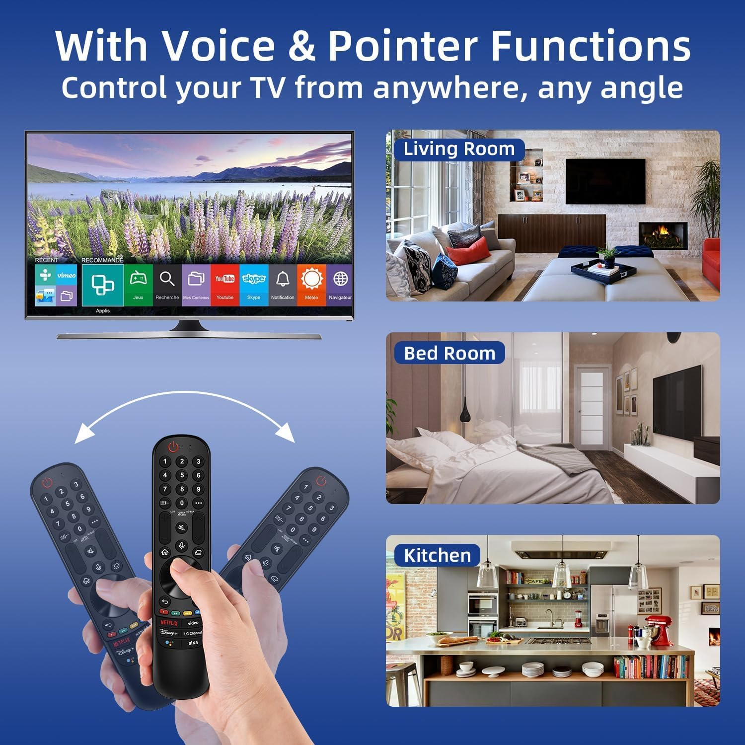 Nettech remote on living room armrest demonstrating effortless TV control from couch