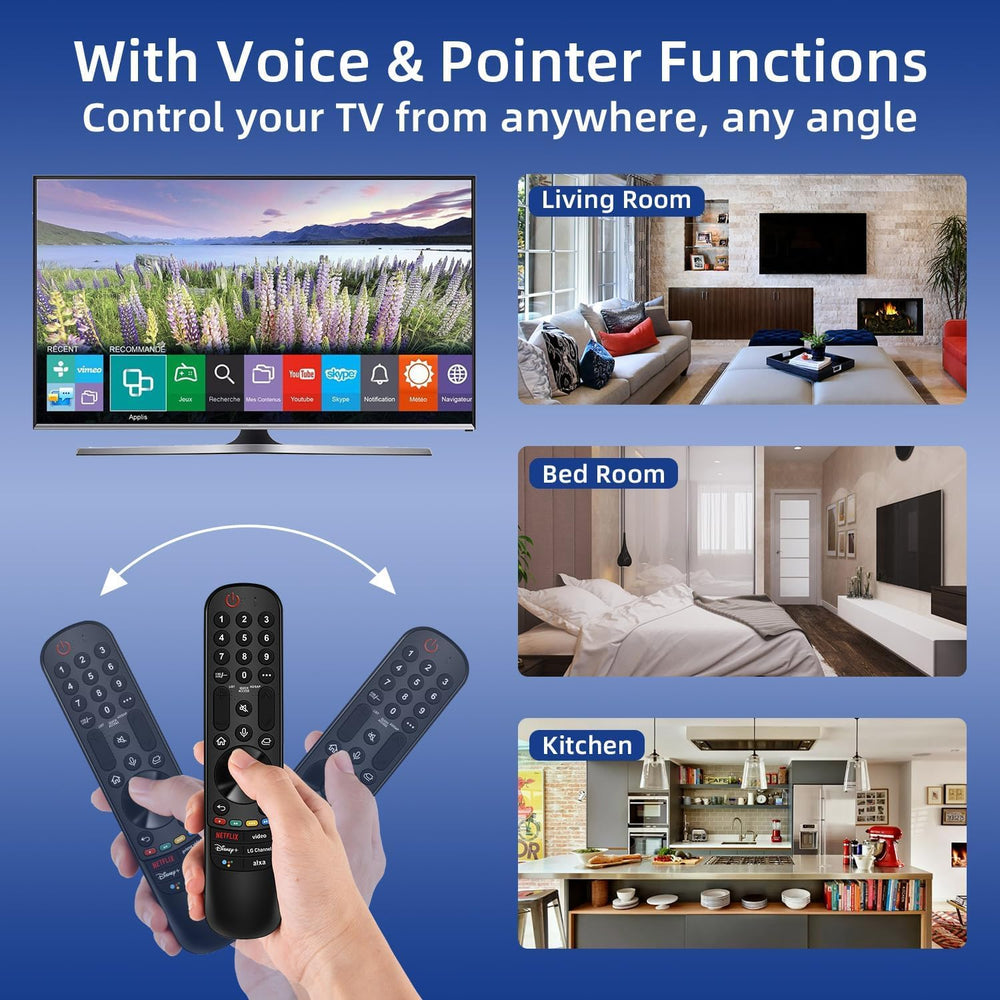 Nettech remote on living room armrest demonstrating effortless TV control from couch