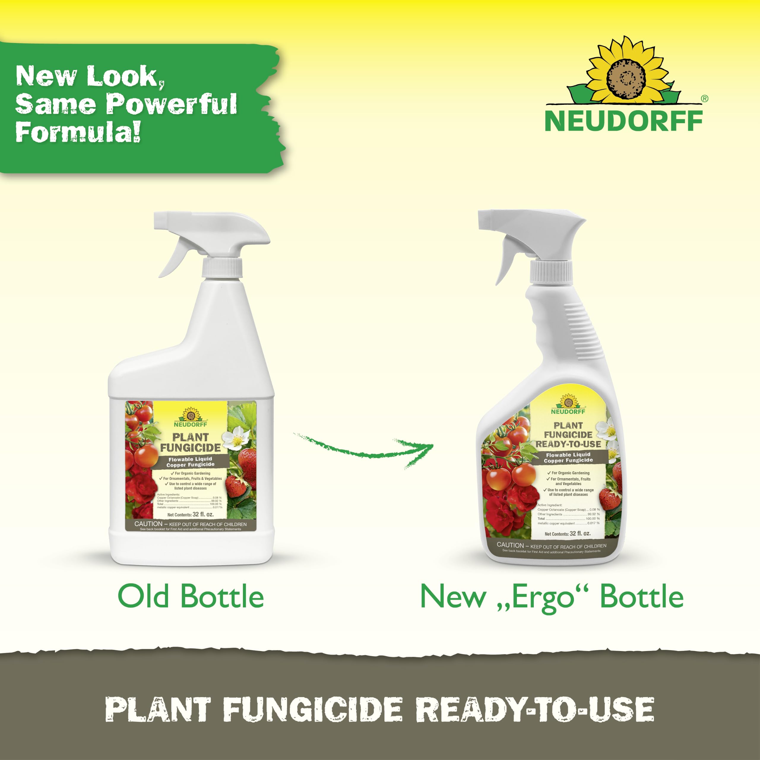 Neudorff bottle beside harvested vegetables demonstrating harvest-safe use