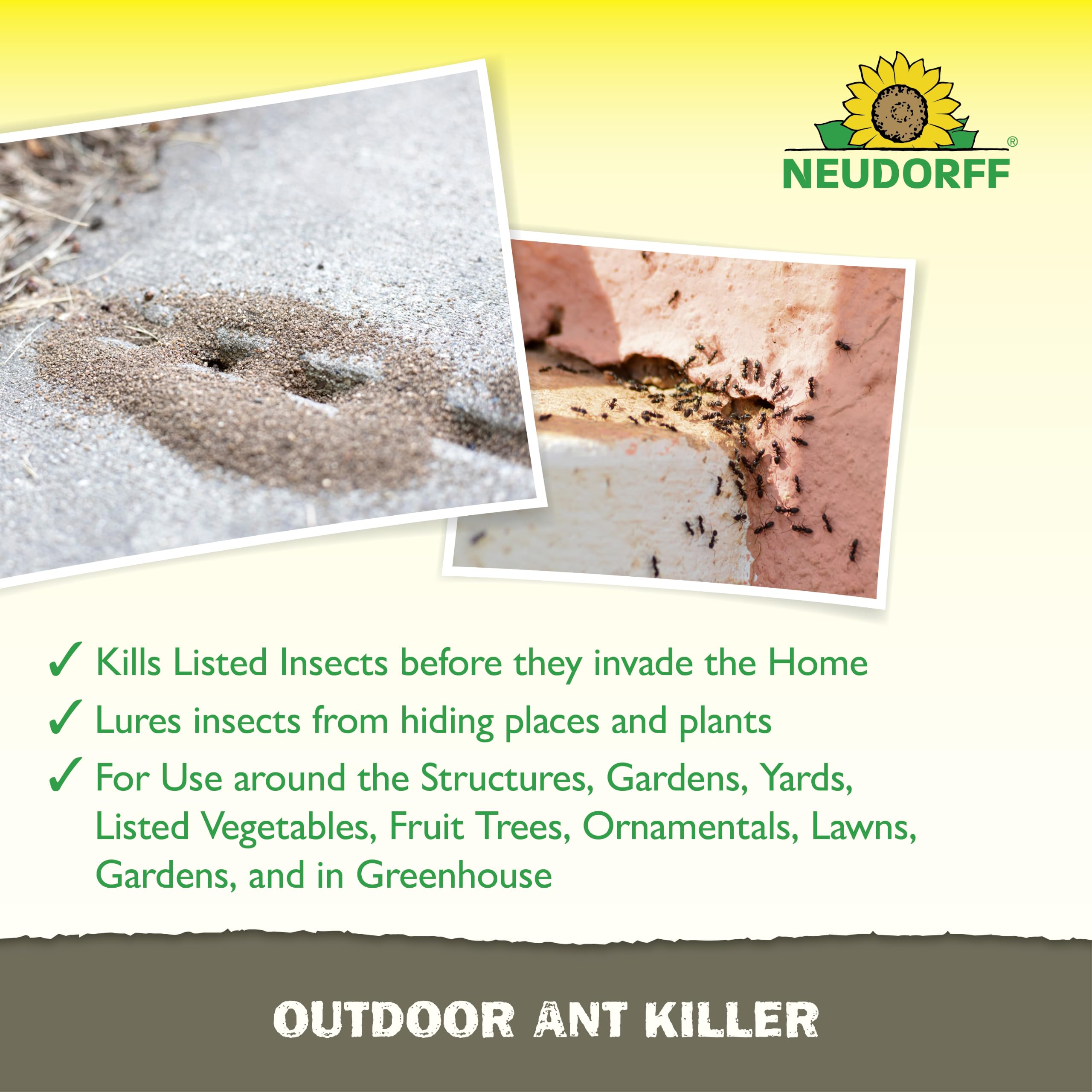 Neudorff granules placed beside garden bed indicating safe organic-compatible use