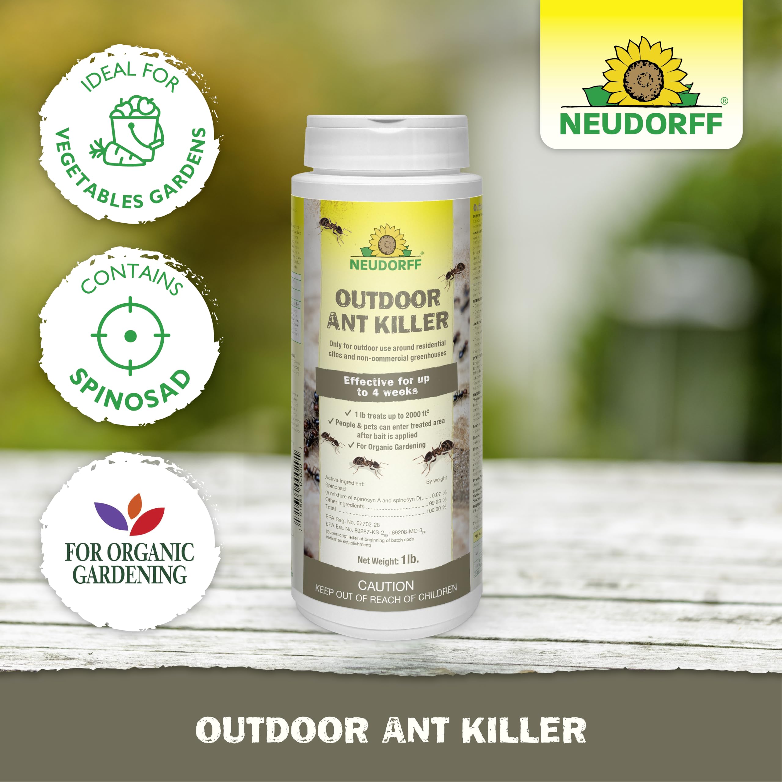 Hand holding 1 lb Neudorff bag to show compact size and coverage up to 2,000 sq ft