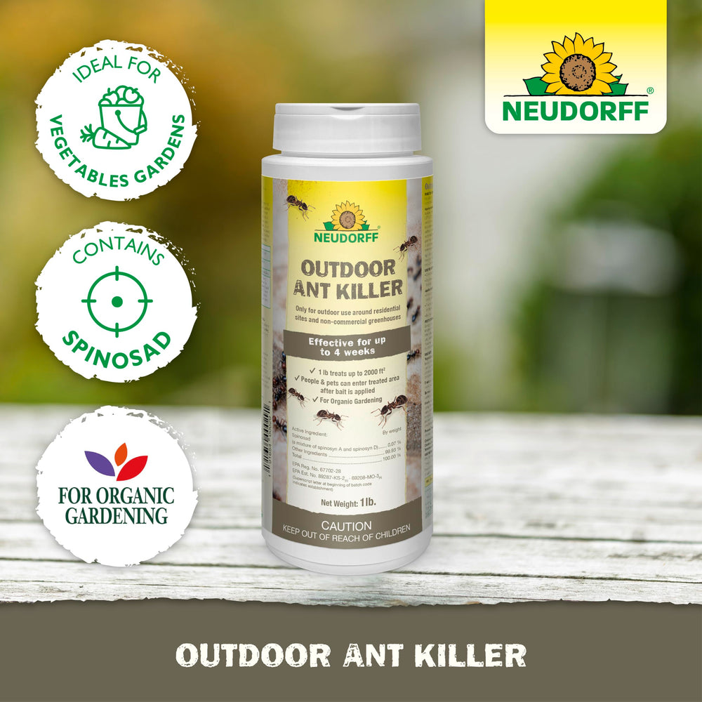 Hand holding 1 lb Neudorff bag to show compact size and coverage up to 2,000 sq ft