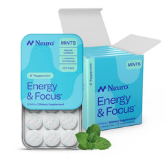 Neuro front packaging showing peppermint tin and count for easy recognition and portability