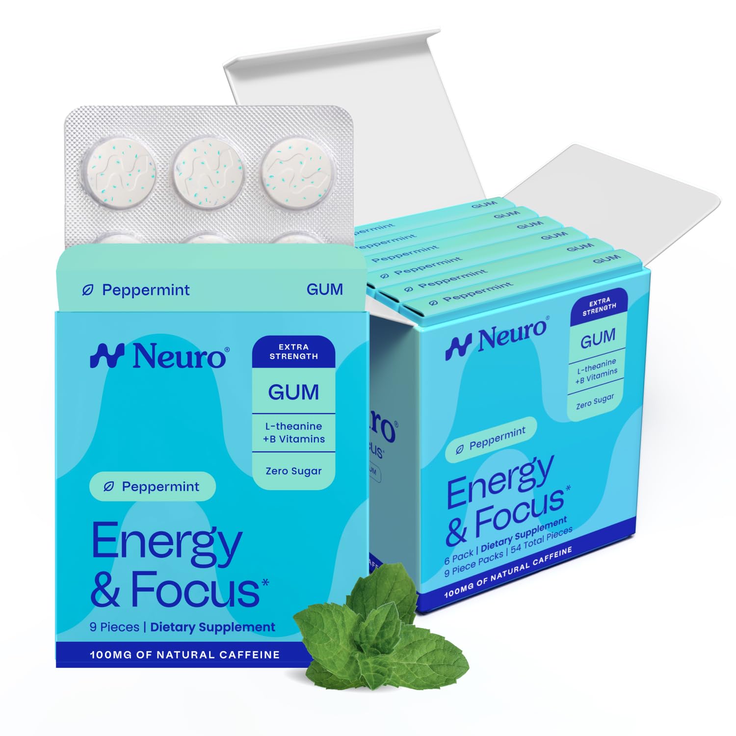 Neuro front packaging showing 54-count tin and peppermint branding for quick reference