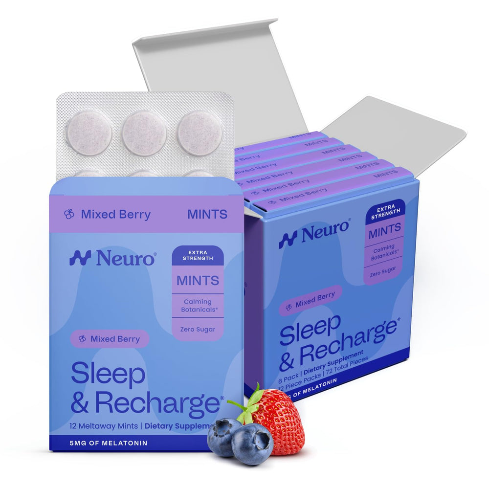Neuro front bottle view showing extra strength sleep mint packaging and convenience
