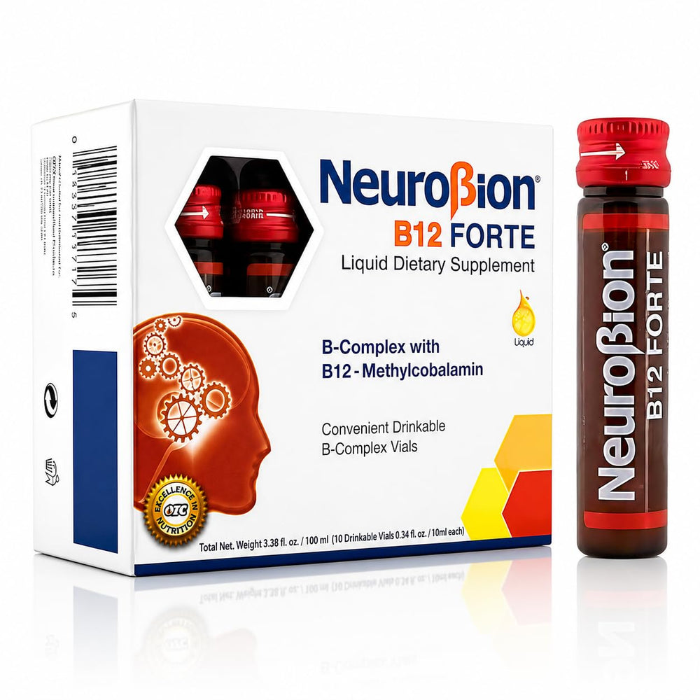 Neurobion front packaging showing 10 vials and clear benefits