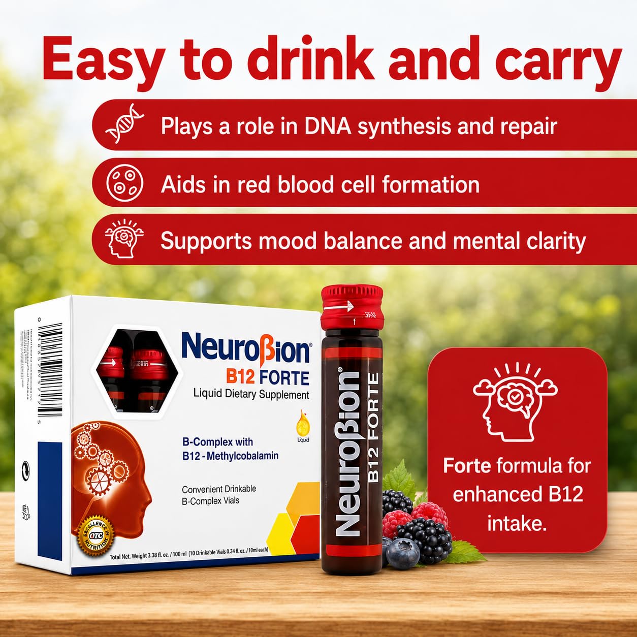 Neurobion vial open and ready to drink for quick dosing