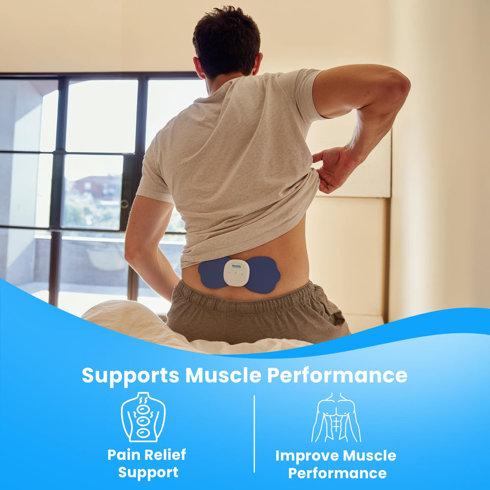 NeuroMD device next to a smartphone illustrating compact size for on-the-go muscle activation benefit