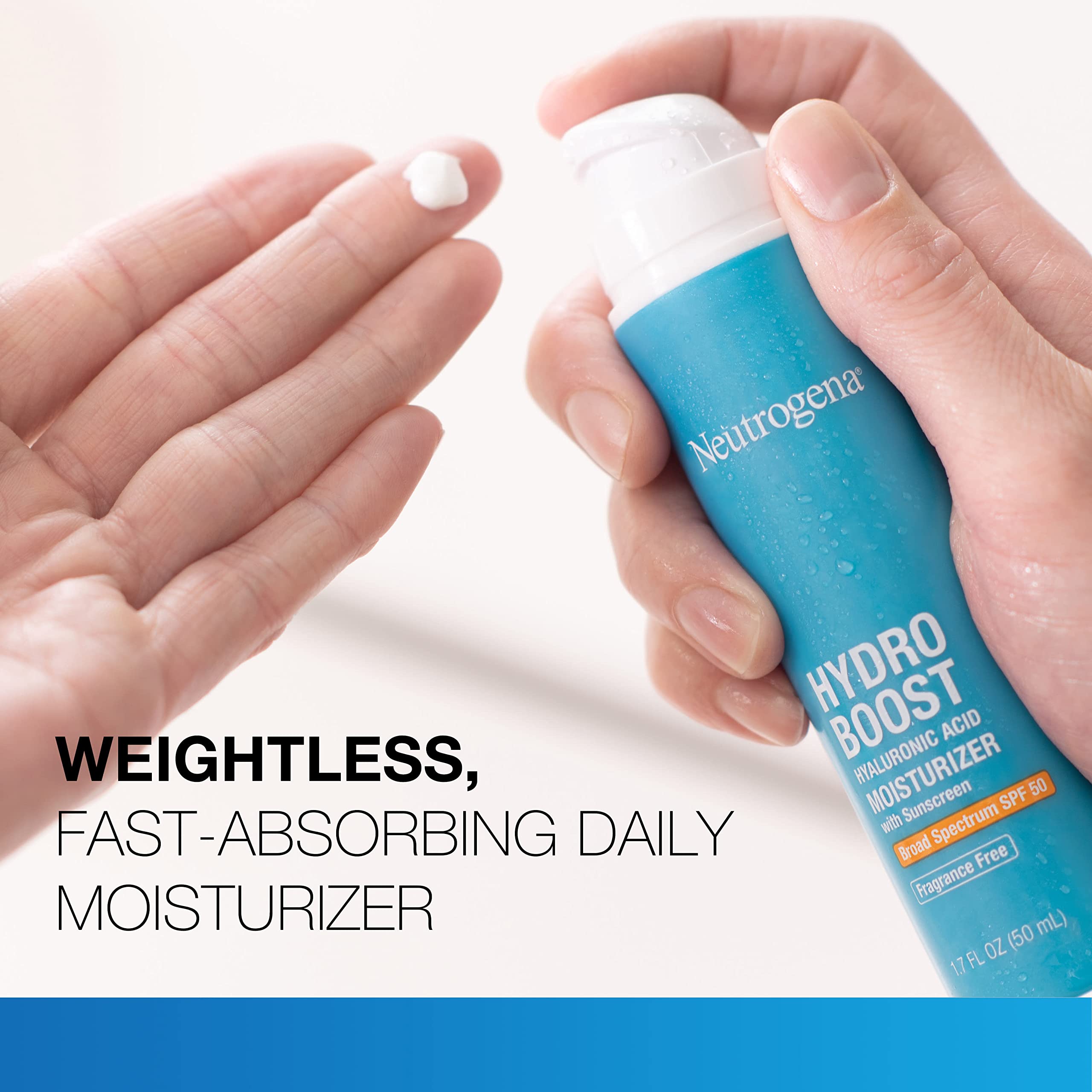 Neutrogena applying moisturizer on hand illustrating fast-absorbing, non-greasy finish