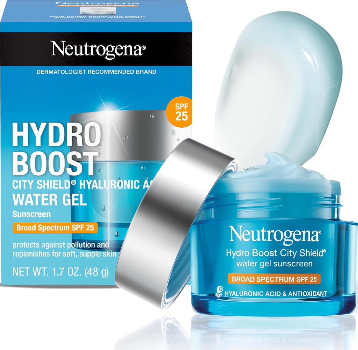 Neutrogena front packaging showing travel-size SPF 25 moisturizer benefits hydration