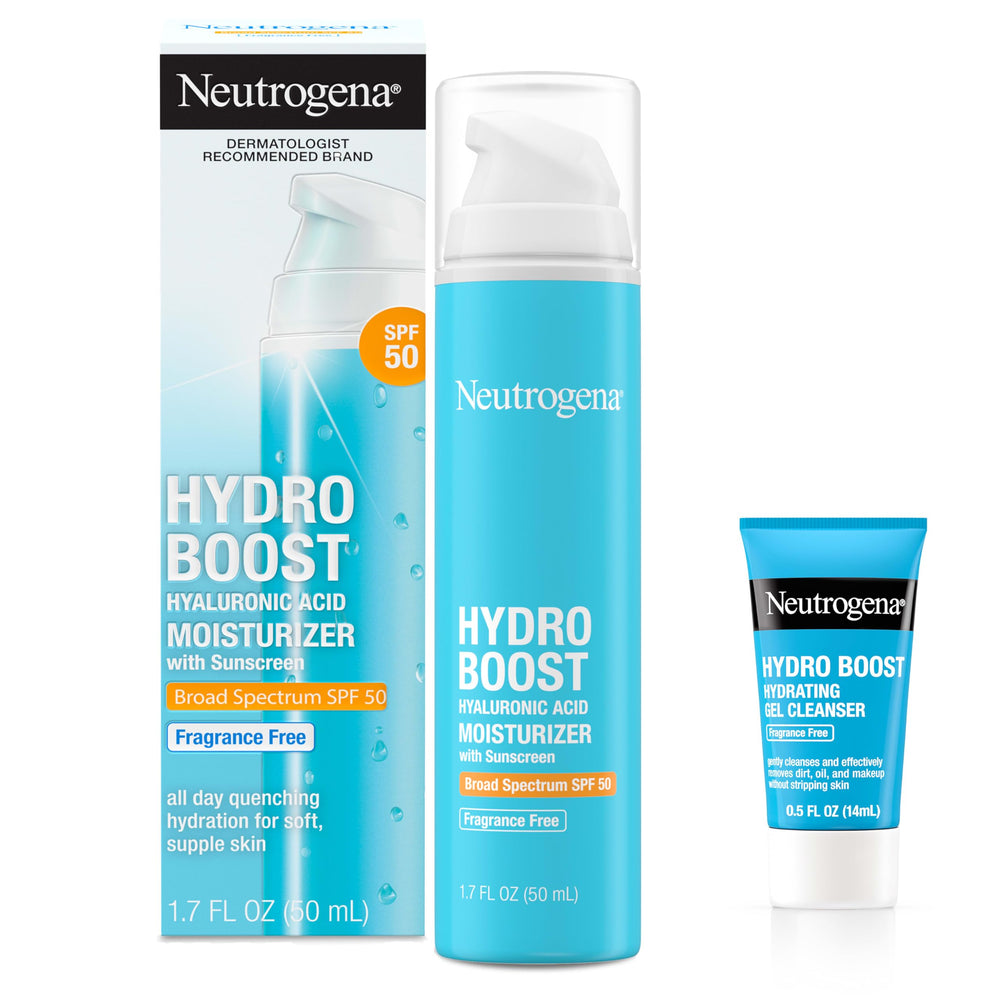 Neutrogena front packaging of Hydro Boost SPF 50 showing product name and benefits