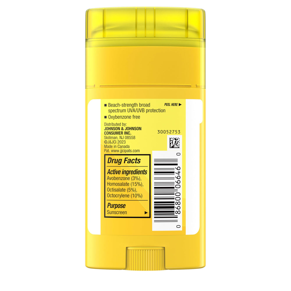 Neutrogena stick label closeup showing SPF and reef-compliant ingredient information