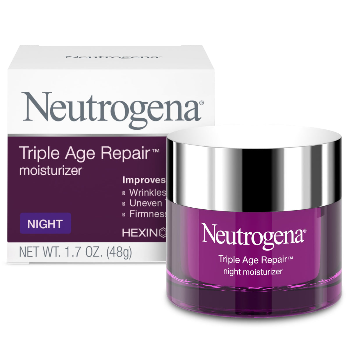 Neutrogena jar front view showing product and clear branding, promotes reliable nightly care