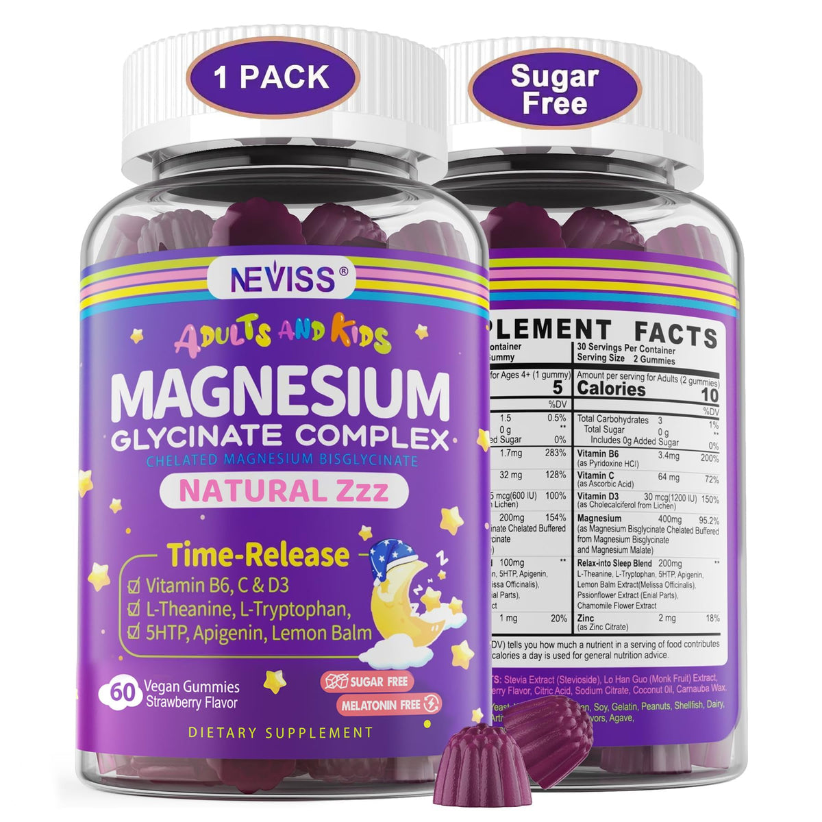 NEVISS front packaging showing sugar-free magnesium gummies and benefits