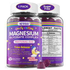 NEVISS front packaging showing sugar-free magnesium gummies and benefits