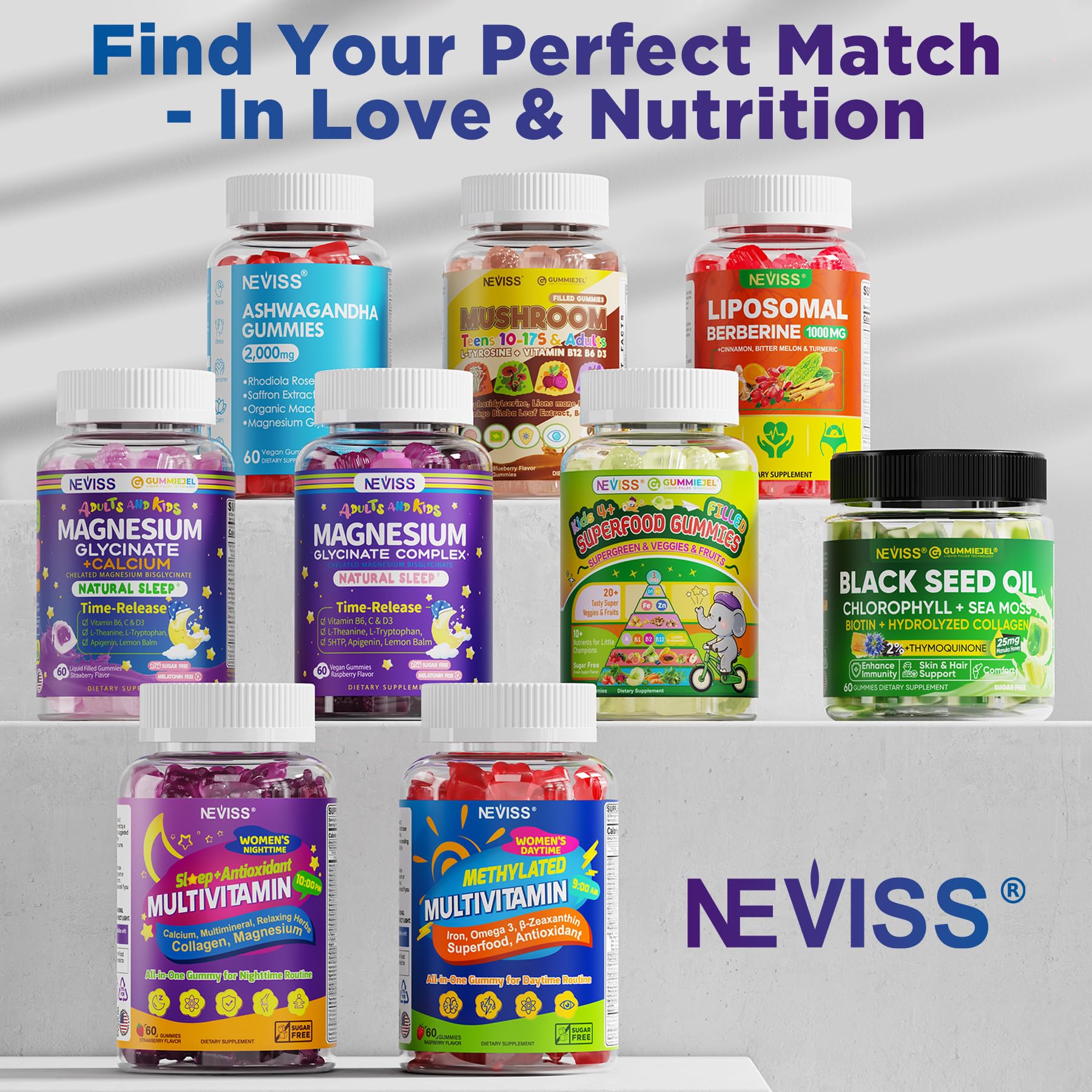 NEVISS gummies next to measuring spoon showing scale and serving clarity